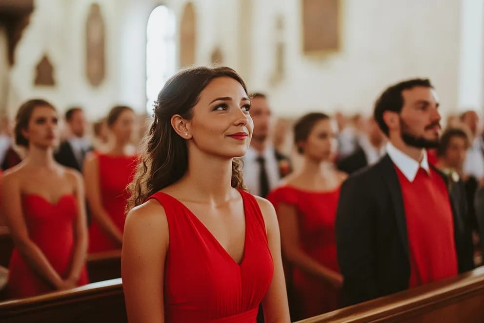 Scène de mariage avec robe rouge et invités en tenue coordonnée