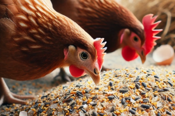 Poules consommant des coquilles d'œufs broyées