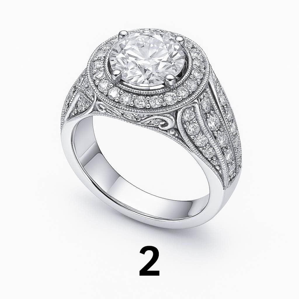 Bague halo en diamants sur fond blanc