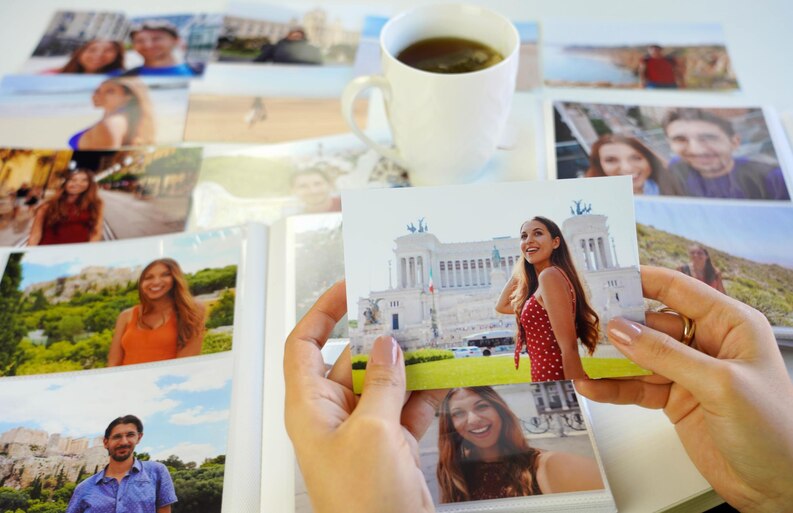 Femme feuilletant un album photo avec nostalgie