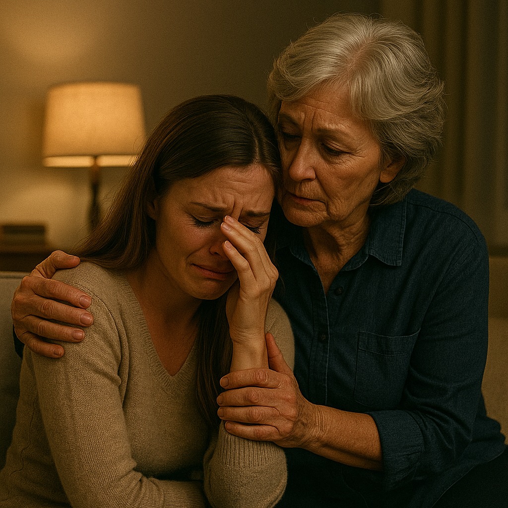 Mère consolant sa fille dans un intérieur chaleureux