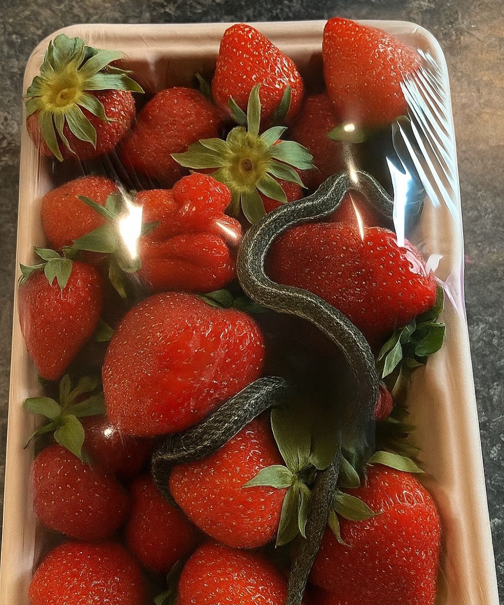 Forme allongée parmi des fraises