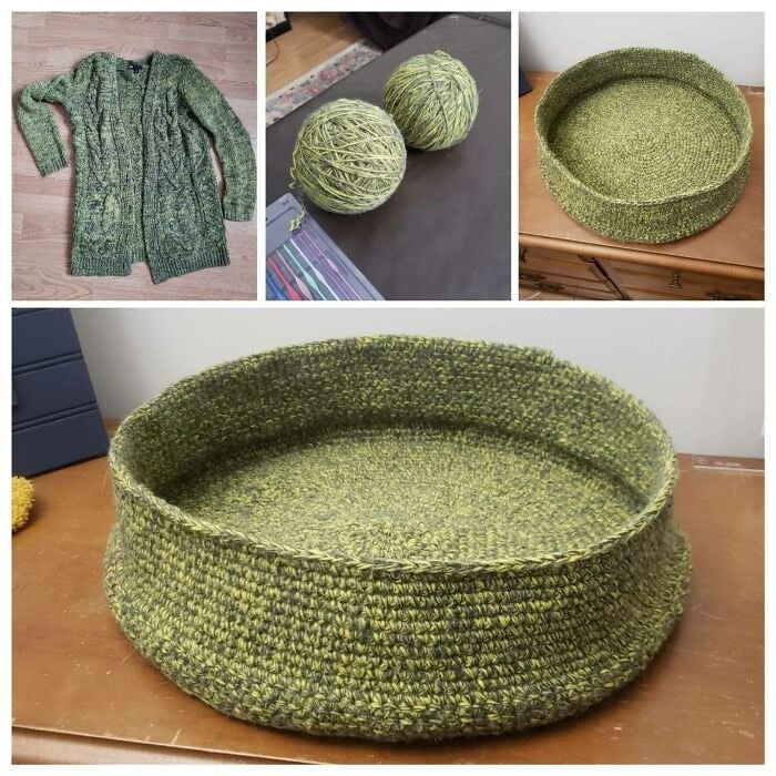 Lit douillet pour chat confectionné à partir d'un cardigan