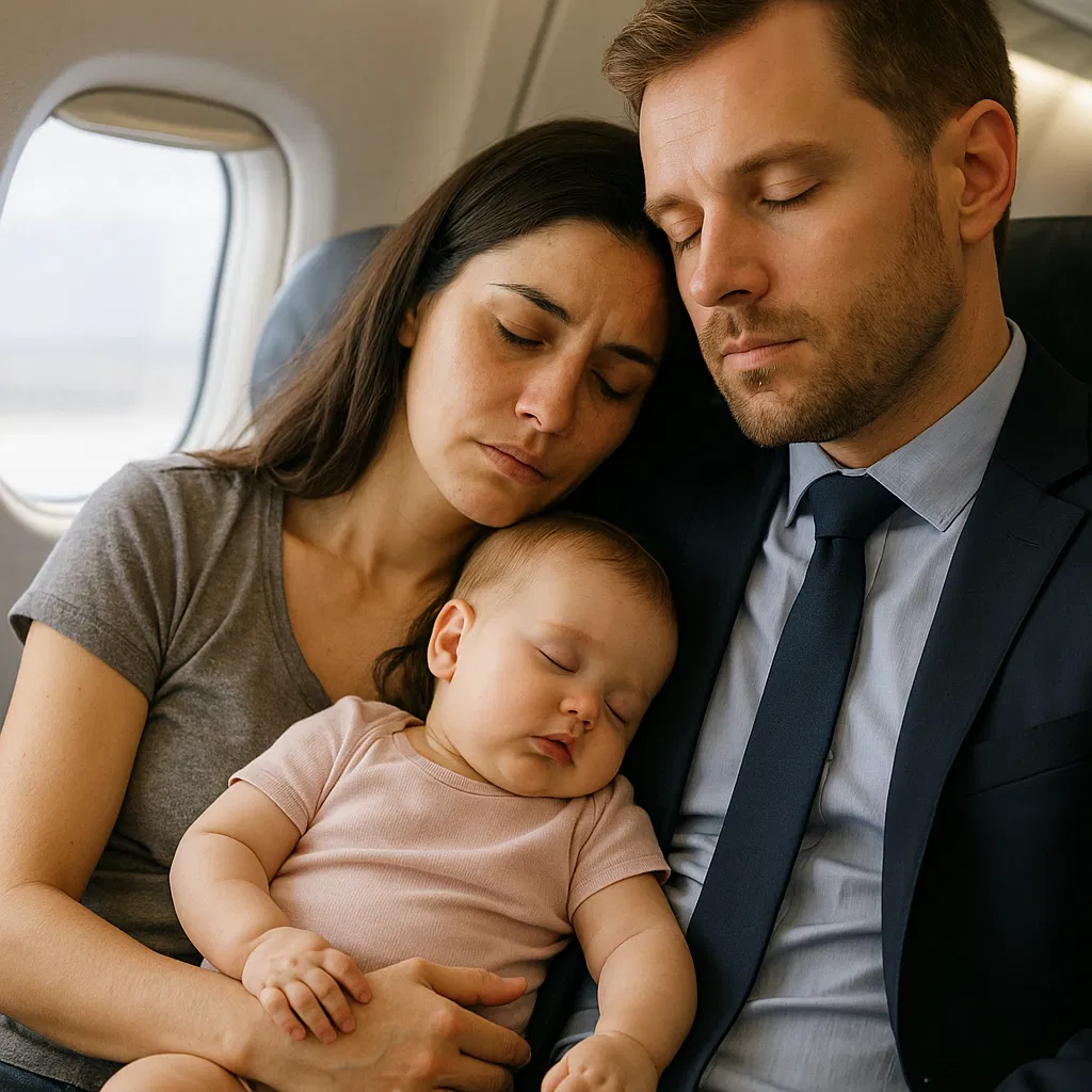 Homme aidant une femme avec son bébé dans un avion
