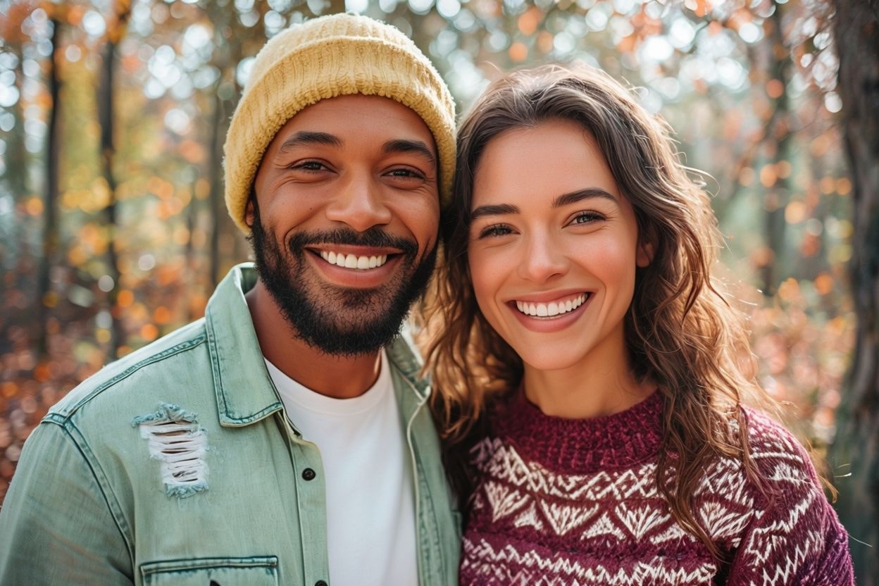 Couple heureux partageant un moment complice en pleine nature