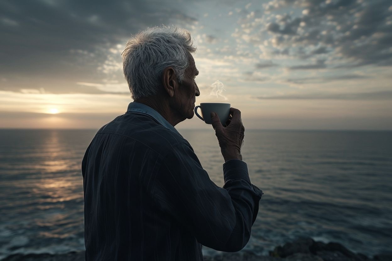 Homme d'âge mûr contemplant la mer au coucher du soleil