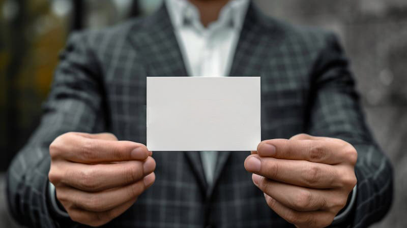 Homme tenant une carte de visite blanche entre ses mains
