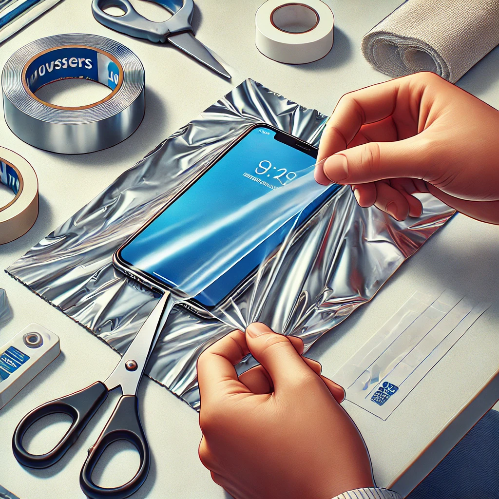 Illustration montrant une feuille d'aluminium positionnée sur l'écran d'un smartphone