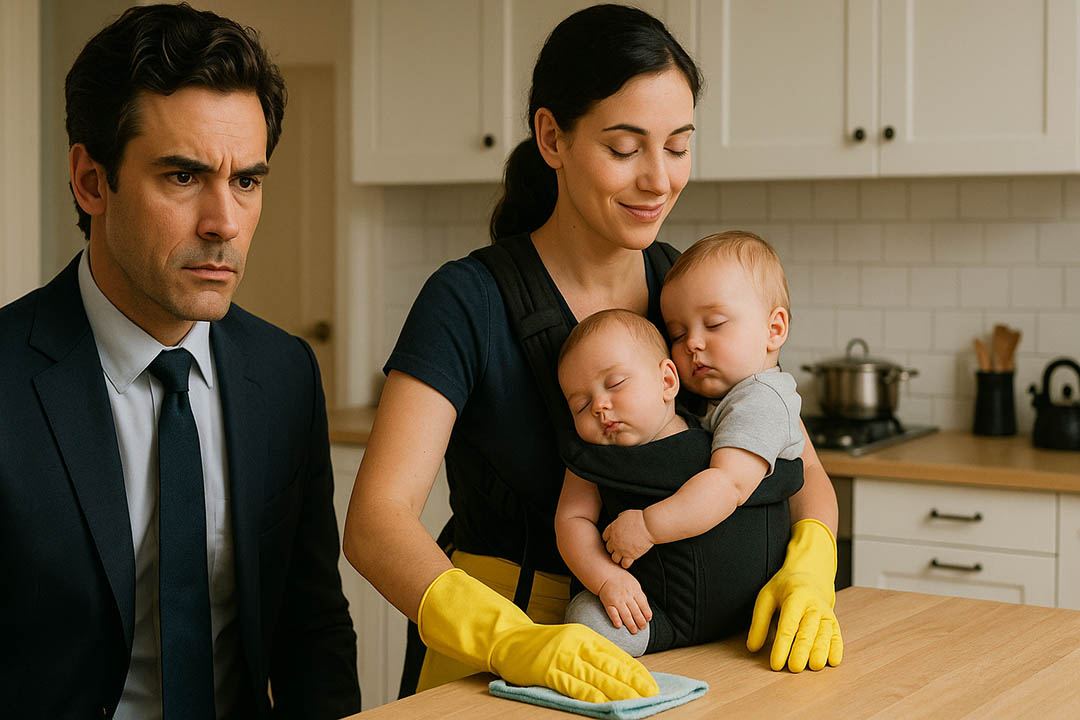Père observant sa nounou avec ses jumeaux dans la cuisine
