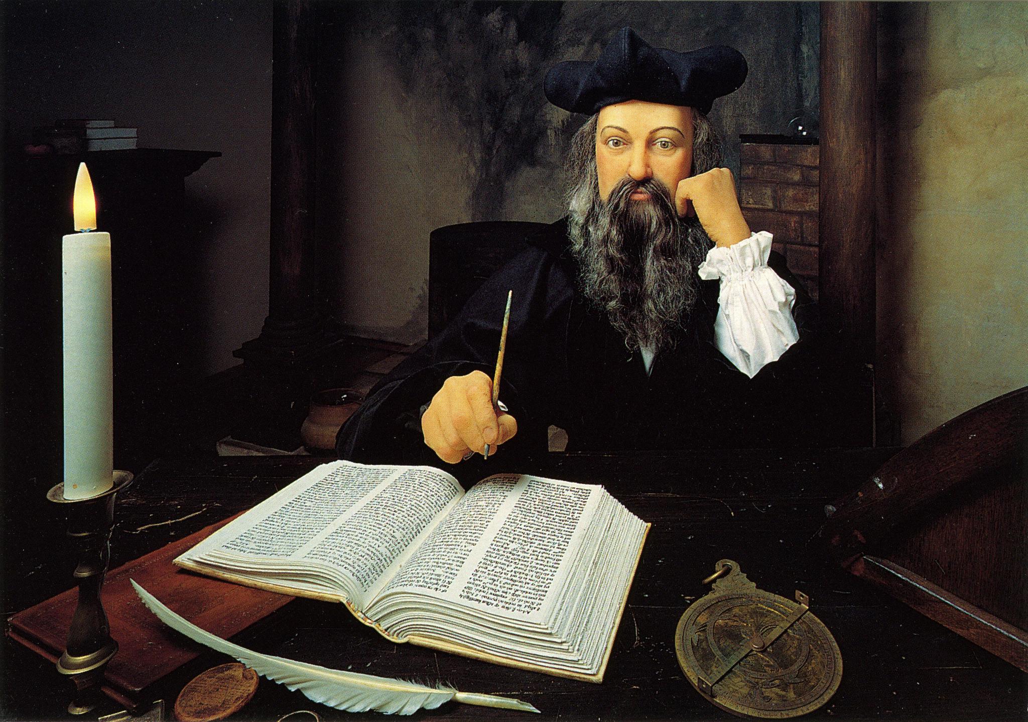 Illustration représentant Nostradamus, un homme avec une barbe, observant des symboles astrologiques