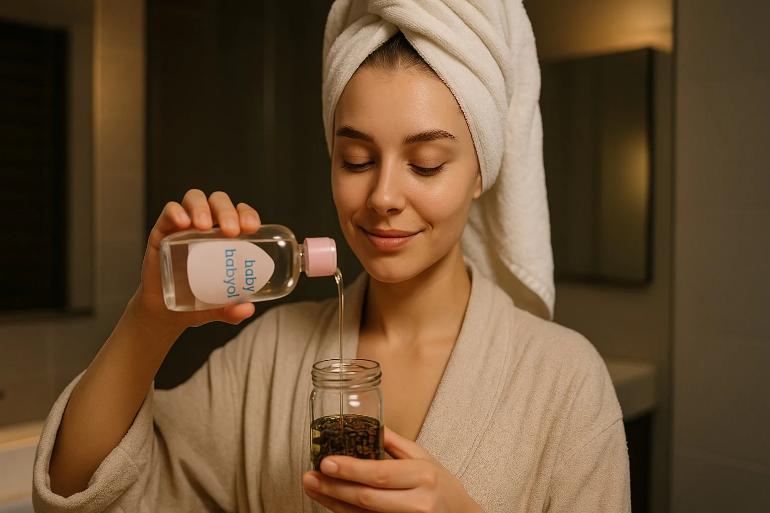 Flacon en verre contenant des clous de girofle dans une huile claire, posé sur une table