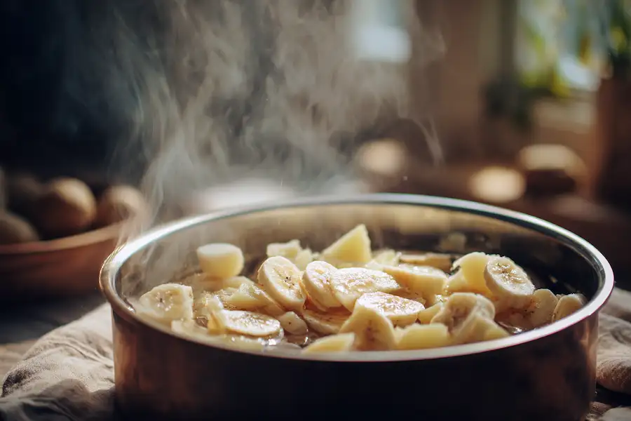 Casserole avec des morceaux de pomme de terre et de pelure de banane cuisant dans de l'eau