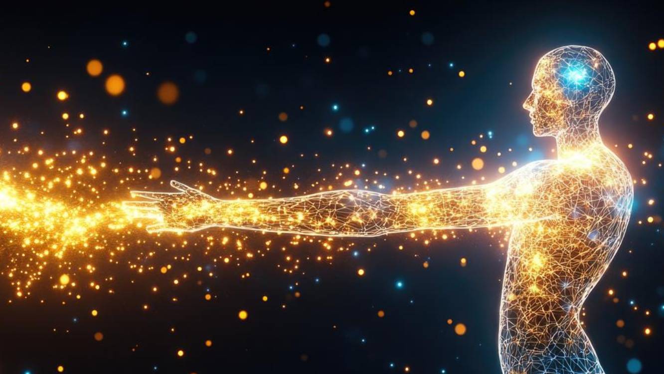 Représentation artistique d'un corps humain avec des particules de lumière s'échappant et s'éteignant progressivement