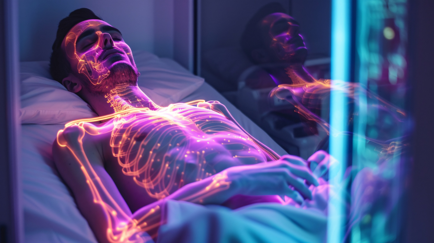 Illustration d'une silhouette humaine endormie, entourée d'une aura de particules lumineuses subtiles