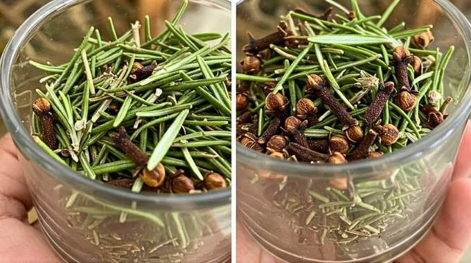 Mélange de romarin frais et de clous de girofle dans un bol en bois