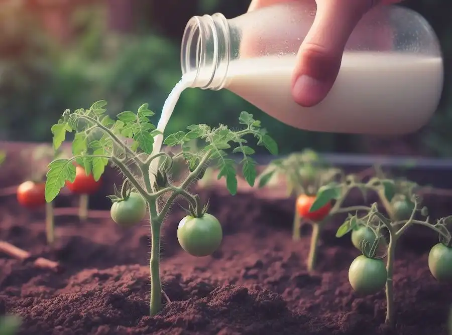 Arrosage d'un plant de tomate avec un mélange naturel
