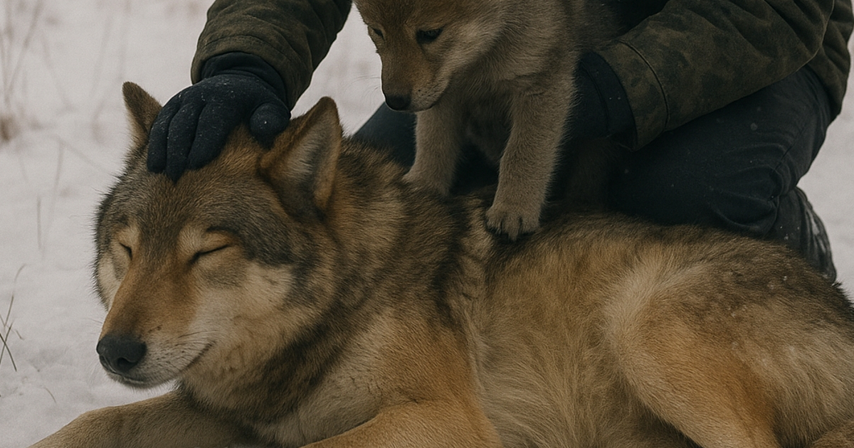 Une louve et son petit dans la neige en hiver