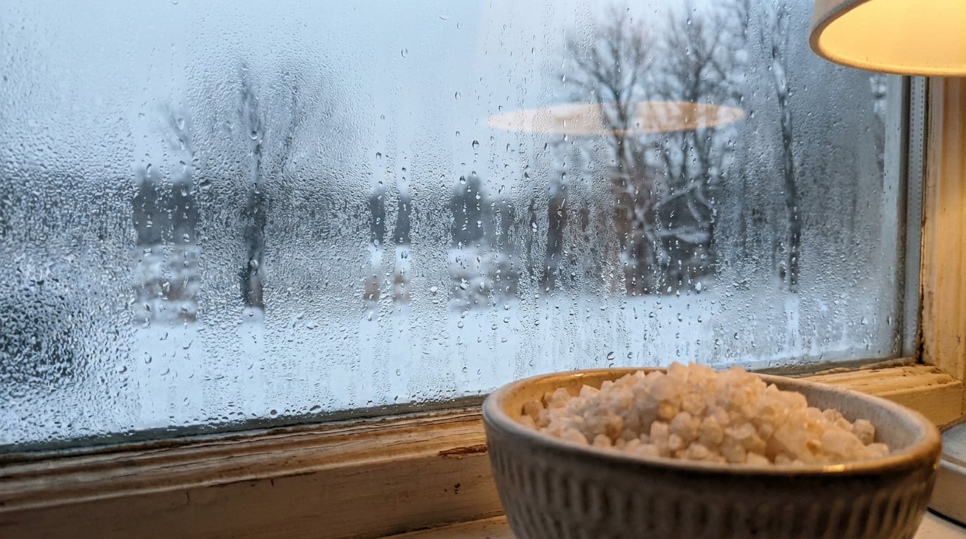 Condensation sur une fenêtre avec un bol de sel comme solution